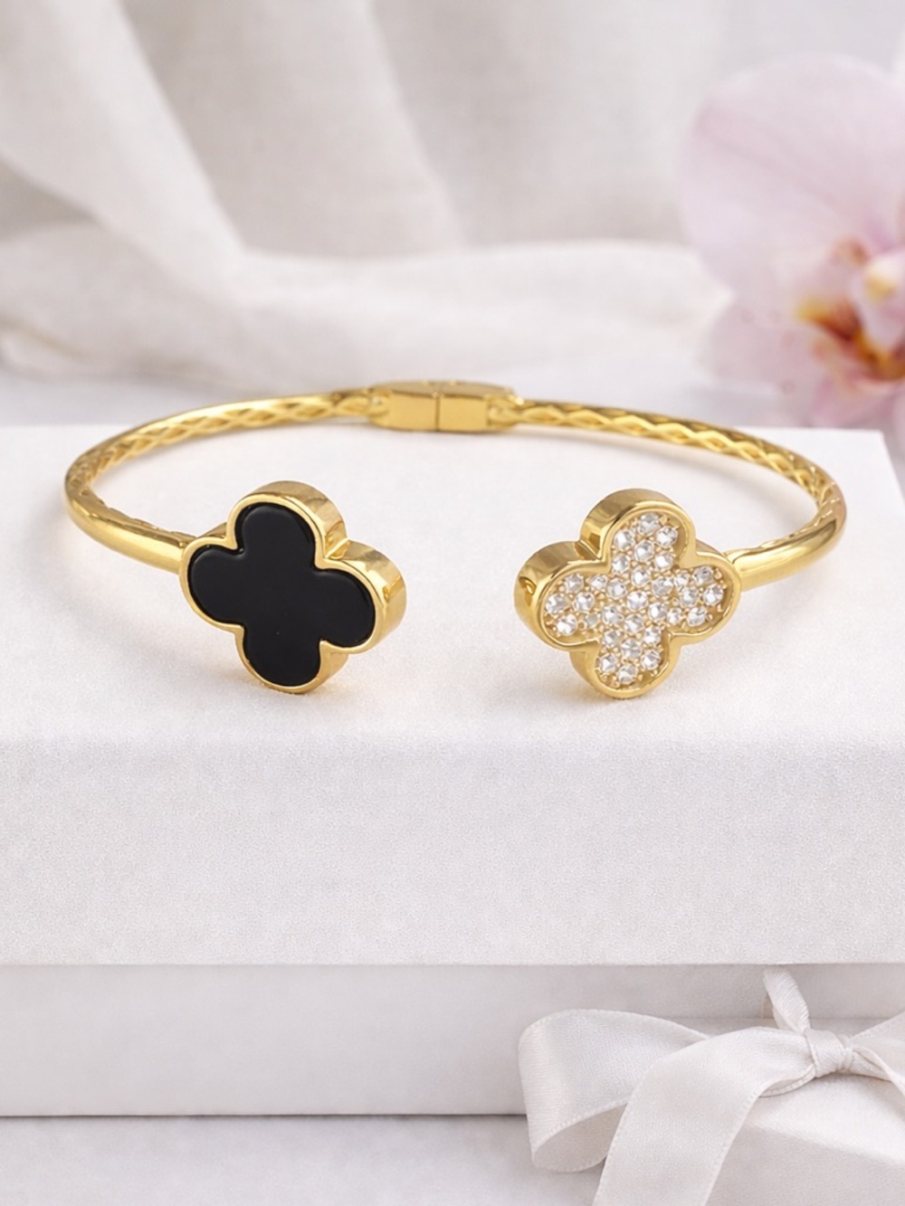 Rachel Zoe 925 Sterling Silver Gold Plated Double Clover CZ/Onyx Cuff Bracelet